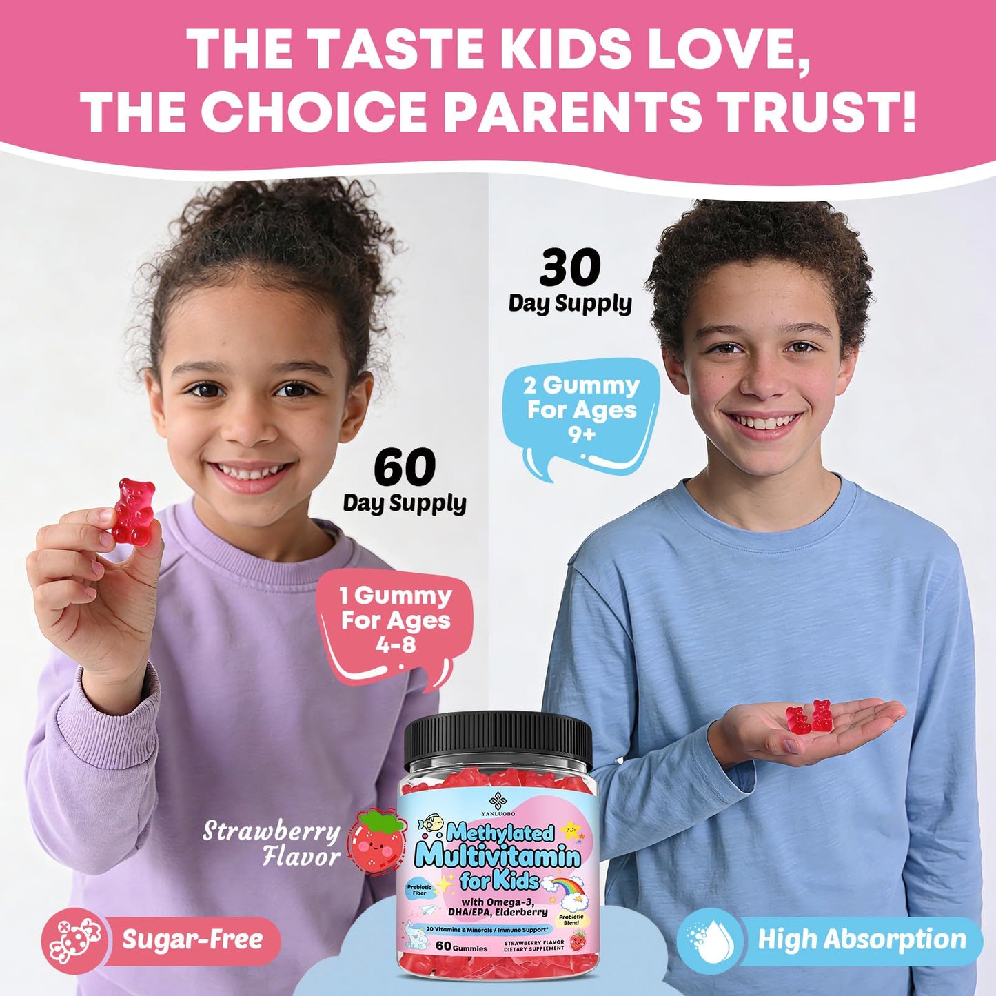YANLUOBO Kids Multivitamin Gummies with Omega-3, 60 Count