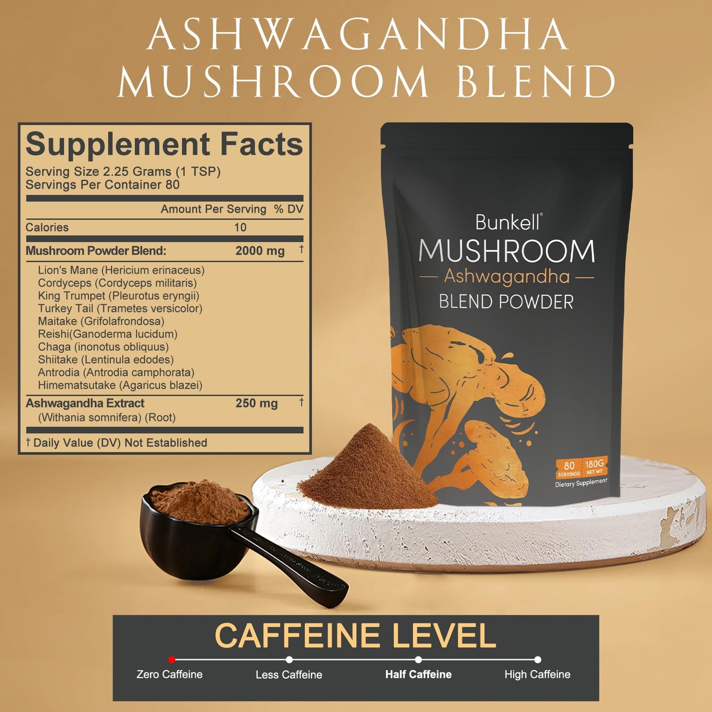 Bunkell Ashwagandha Mushroom Powder, Adaptogenic 10-Mushrooms Complex with Ashwagandha, Lion's Mane, Reishi, Chaga & Maitake - Energy, Cognitive & Immune Support, 6.35 Ounce