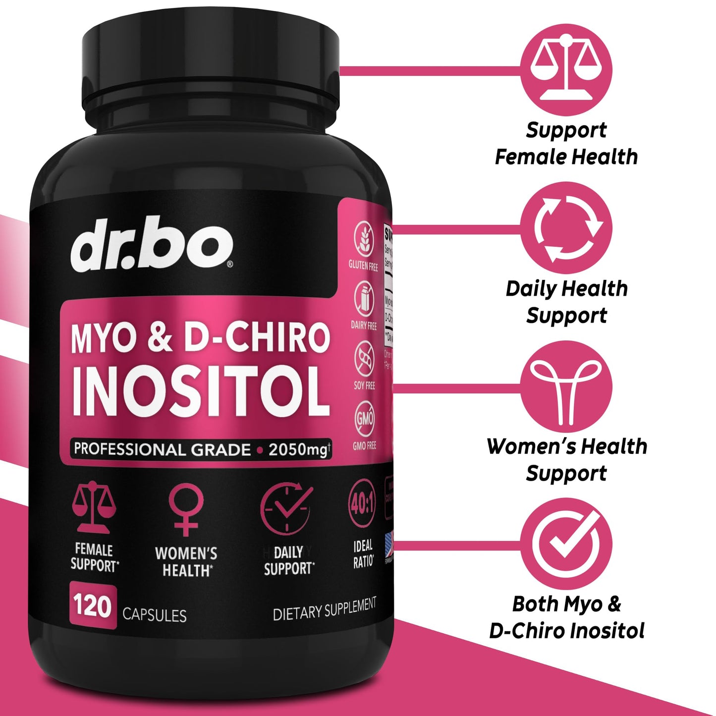DR. BO Myo-Inositol & D-Chiro Inositol Supplement 40:1 Ratio Capsules, 120 Count