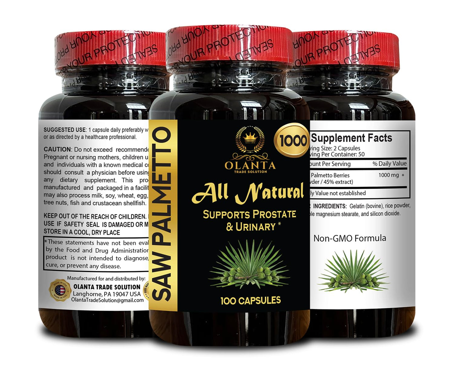 OLANTA TRADE SOLUTION Saw Palmetto Extract 1000mg – Vegan Saw Palmetto for Women & Men - Hair Support - Daily Support Supplement for Herbal Nutrition Goals 100 Capsules