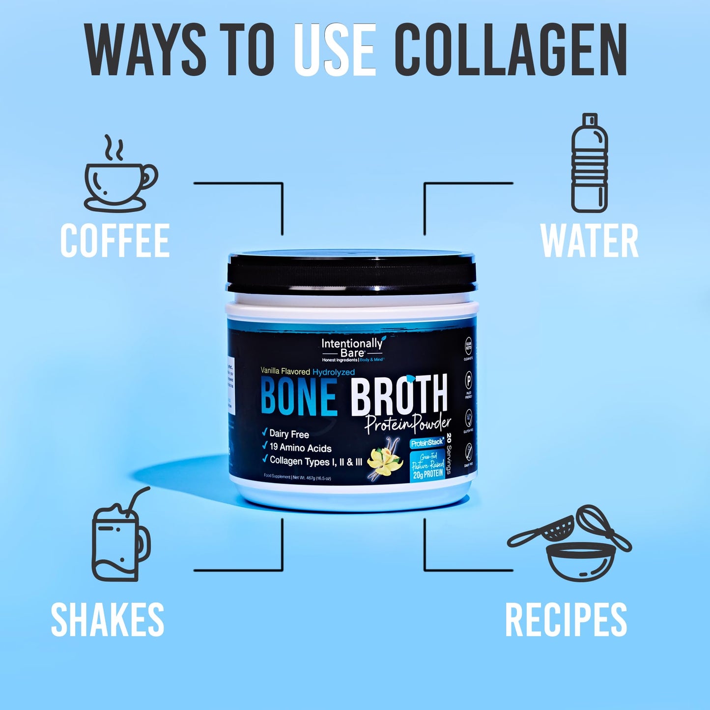 Intentionally Bare Bone Broth Protein Powder - Vanilla, Grass-Fed, 16.5 oz