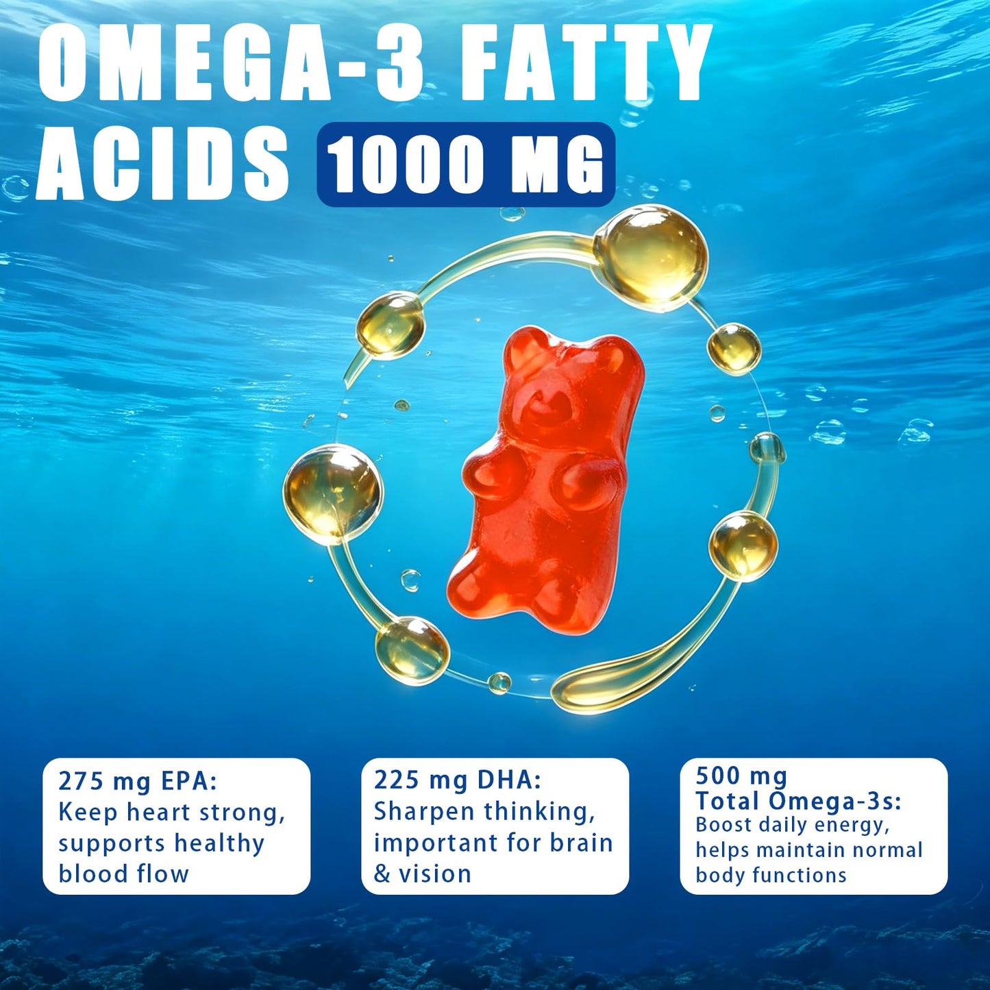 Yikecao Omega 3 Fish Oil Gummies 1000mg with DHA & EPA, 60 Gummies