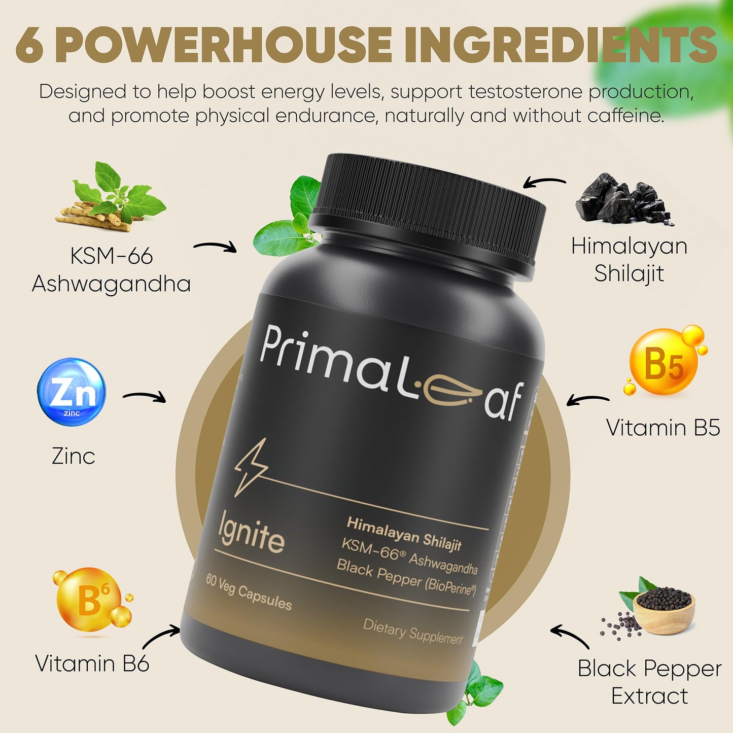 PrimaLeaf Ignite Energy & Performance Supplement Capsules, 60 Veg Capsules