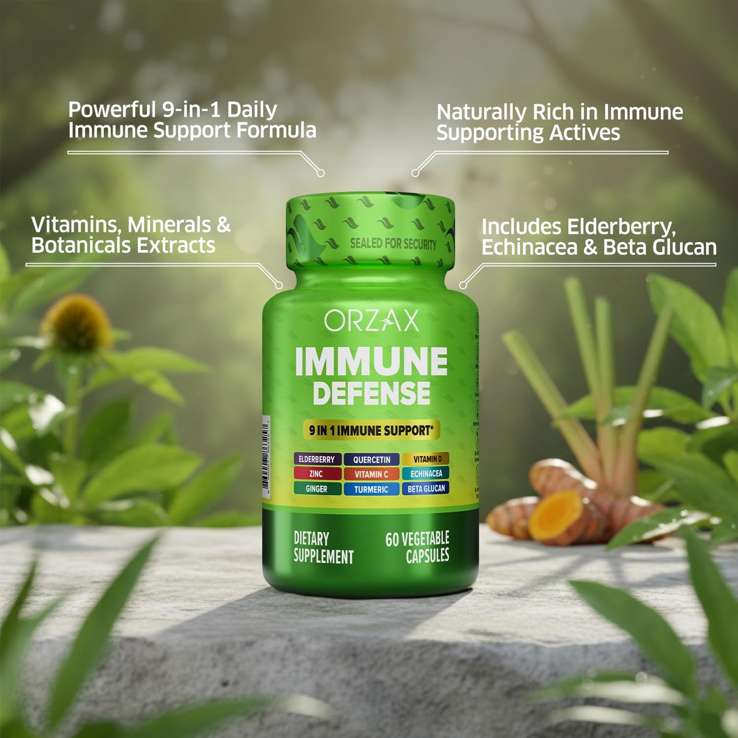 ORZAX 9 in 1 Immune Defense Supplement High Strength Vitamin C & D with Zinc, Quercetin, Turmeric & Ginger, Echinacea Capsules, 60 Capsules