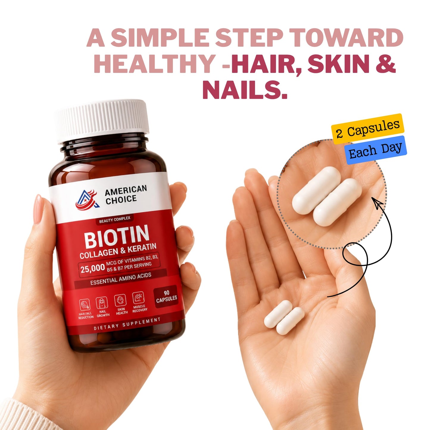 American Choice Biotin For Hair Growth Women & Men | Hair Skin and Nails Vitamins B2, B3, B5 and B7 - 25000 Mcg Capsules, 90 Count