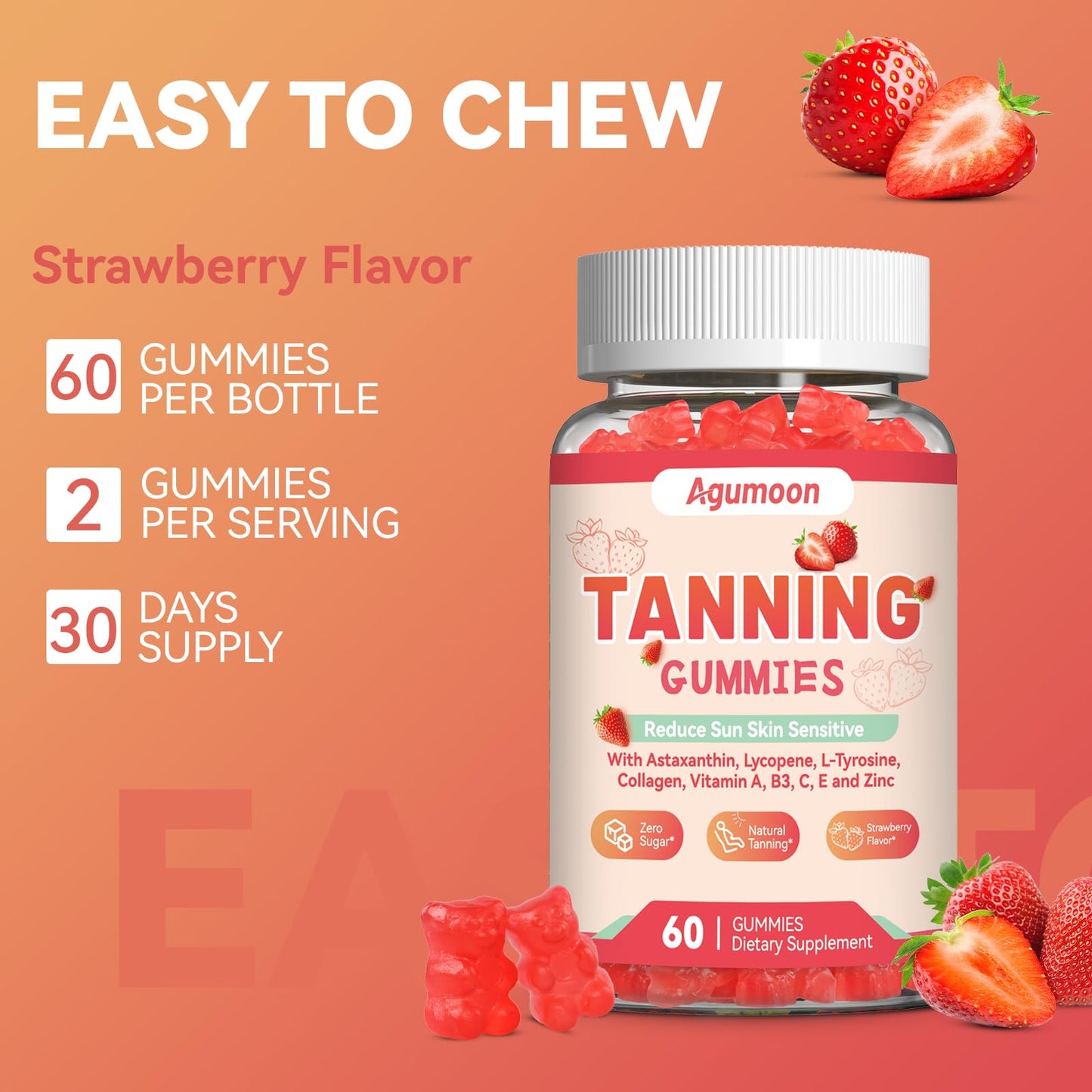 Agumoon Tanning Gummies for Women and Men, Self Tan Supplement with Beta Carotene, Lycopene, Astaxanthin, Collagen & Vitamins, for Skin Health & Pigmentation, Vegan, 120 Gummies