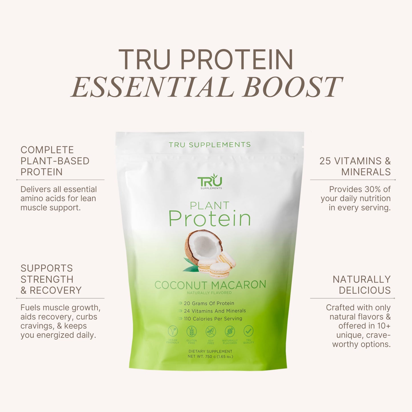 TRU Supplements Plant Based Protein Powder, BCAA & EAA, Vegan Brown Rice & Pea Protein, 25 Servings, 1.65 lb, Coconut Macaron