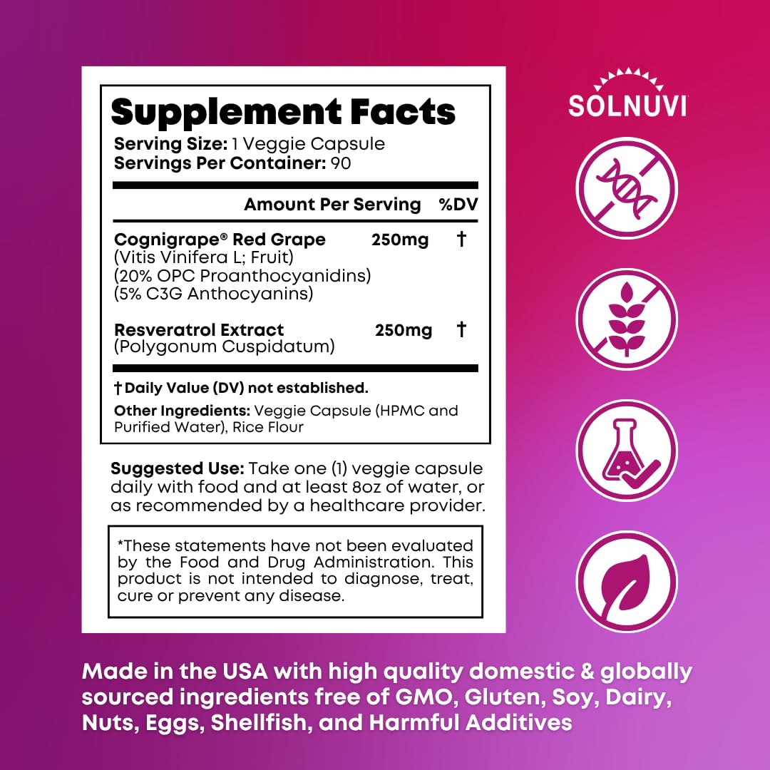 SOLNUVI Resveratrol Complex Capsule 90 Count with Cognigrape Red Grape Extract OPC Proanthocyanidins - Antioxidant & Brain Health Support