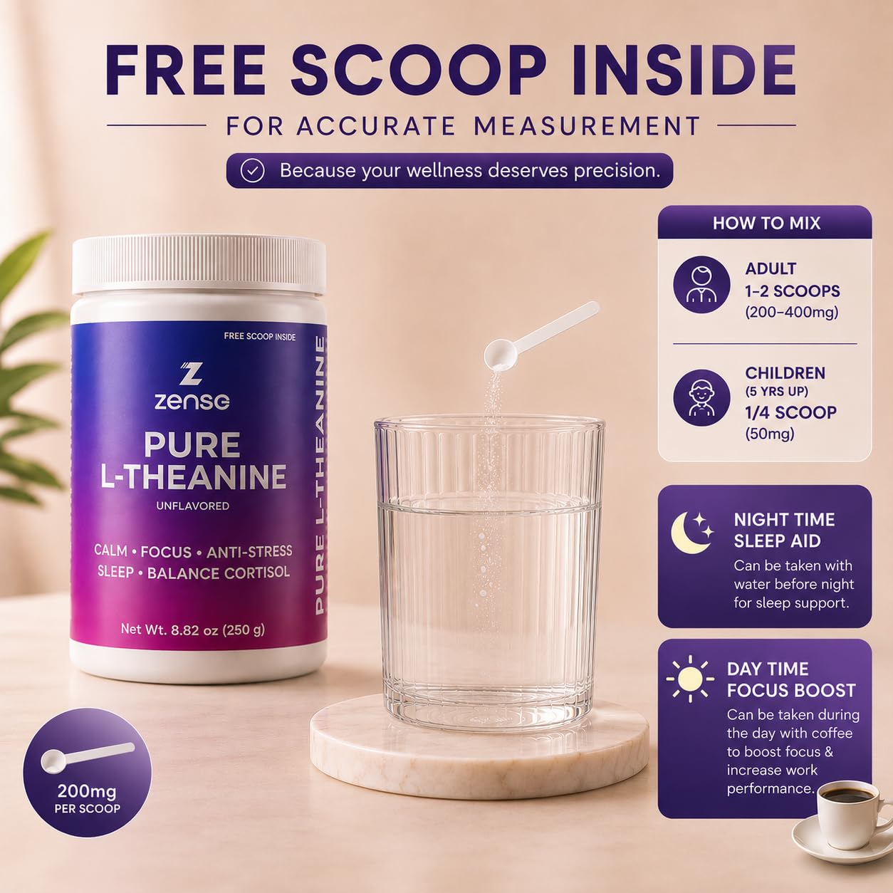 ZENSE Pure L-Theanine Powder 3.53 Ounce