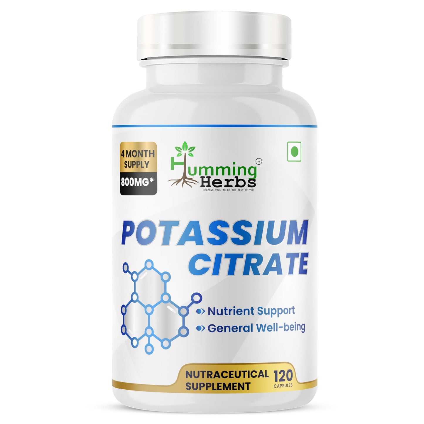 Humming Herbs Potassium Citrate 800 mg (306 mg Elemental Potassium) – Electrolyte & pH Balance Support – Vegan, Non-GMO – 120 Capsules