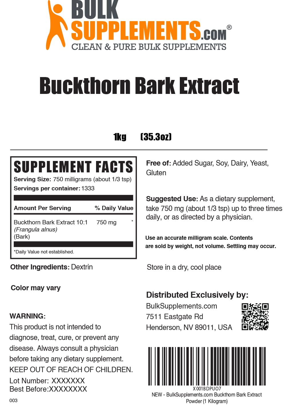 BulkSupplements Buckthorn Bark Extract Powder, 35.27 oz