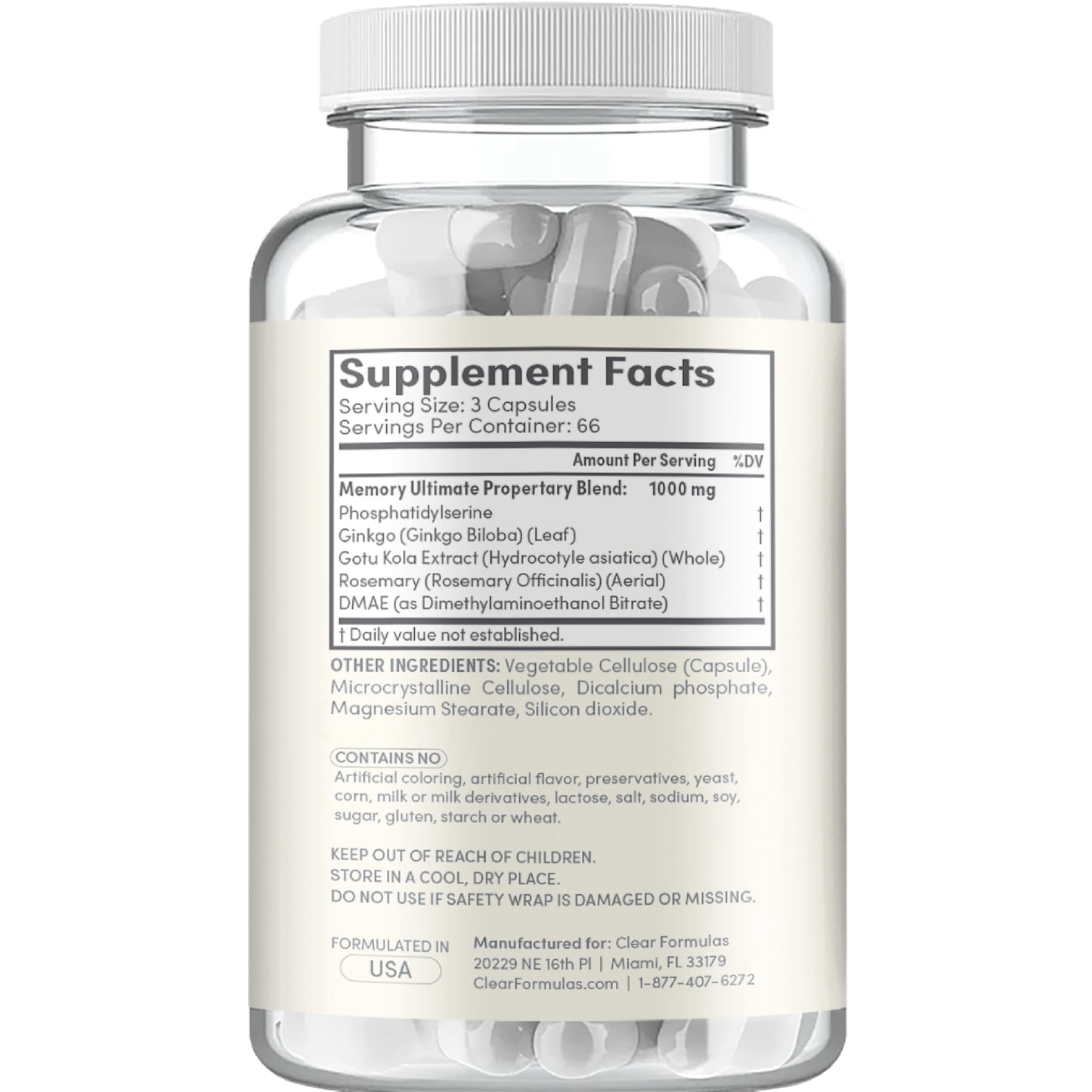 Clear Formulas Phosphatidylserine Nootropics Brain Support Supplement Capsules 200