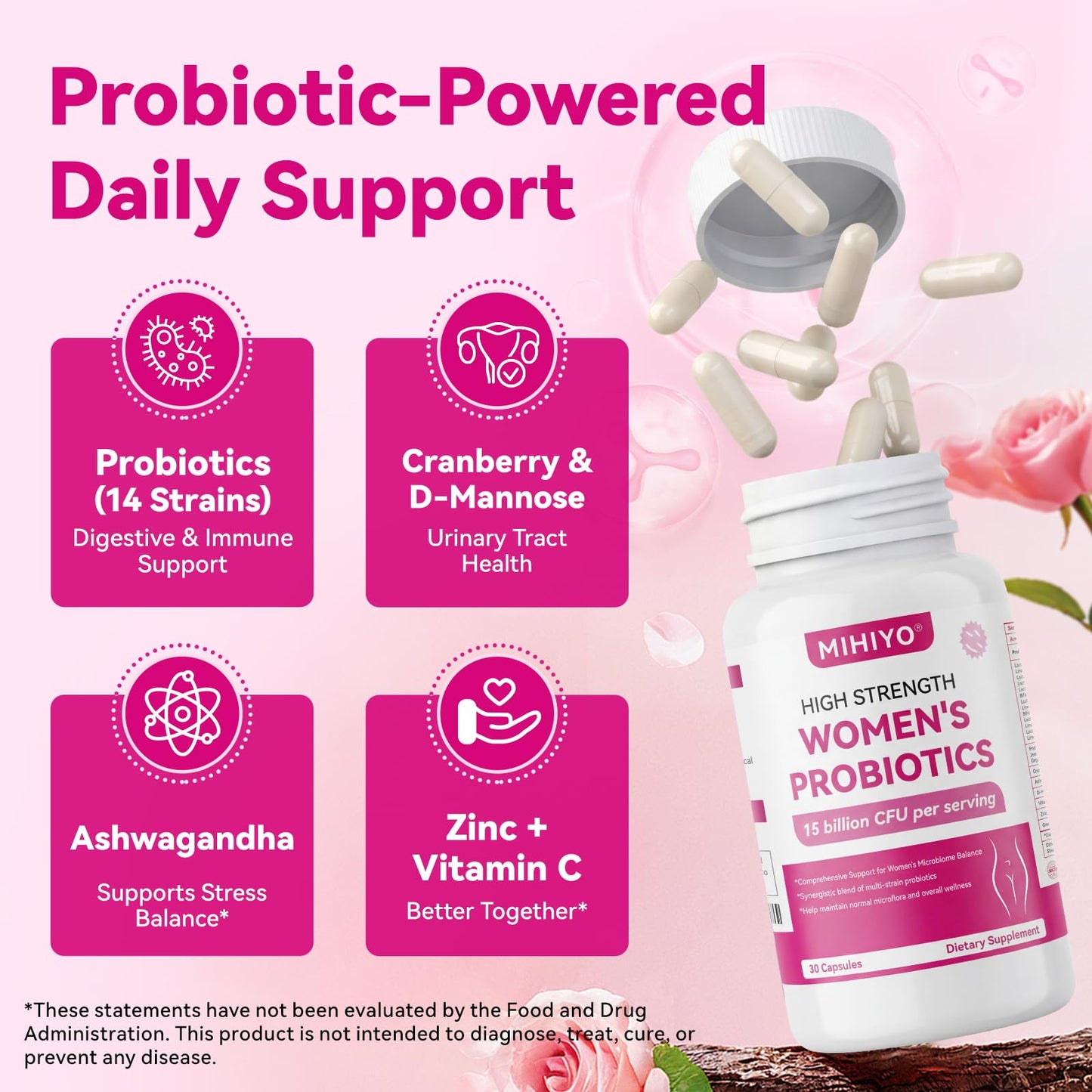 MIHIYO Women's Probiotics 15 Billion CFU - 14 Strains for Vaginal, Urinary & Digestive Health Support - 30 Capsules