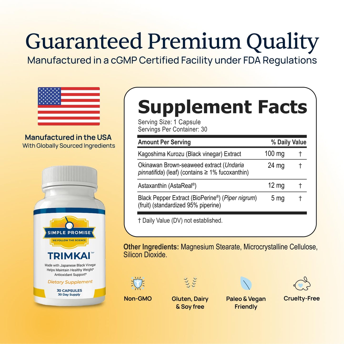 Simple Promise TrimKai Japanese Black Vinegar Capsules for Metabolism Support with Astaxanthin 12mg, Seaweed & Black Pepper Extract Plant-Based Formula, 30 Capsules