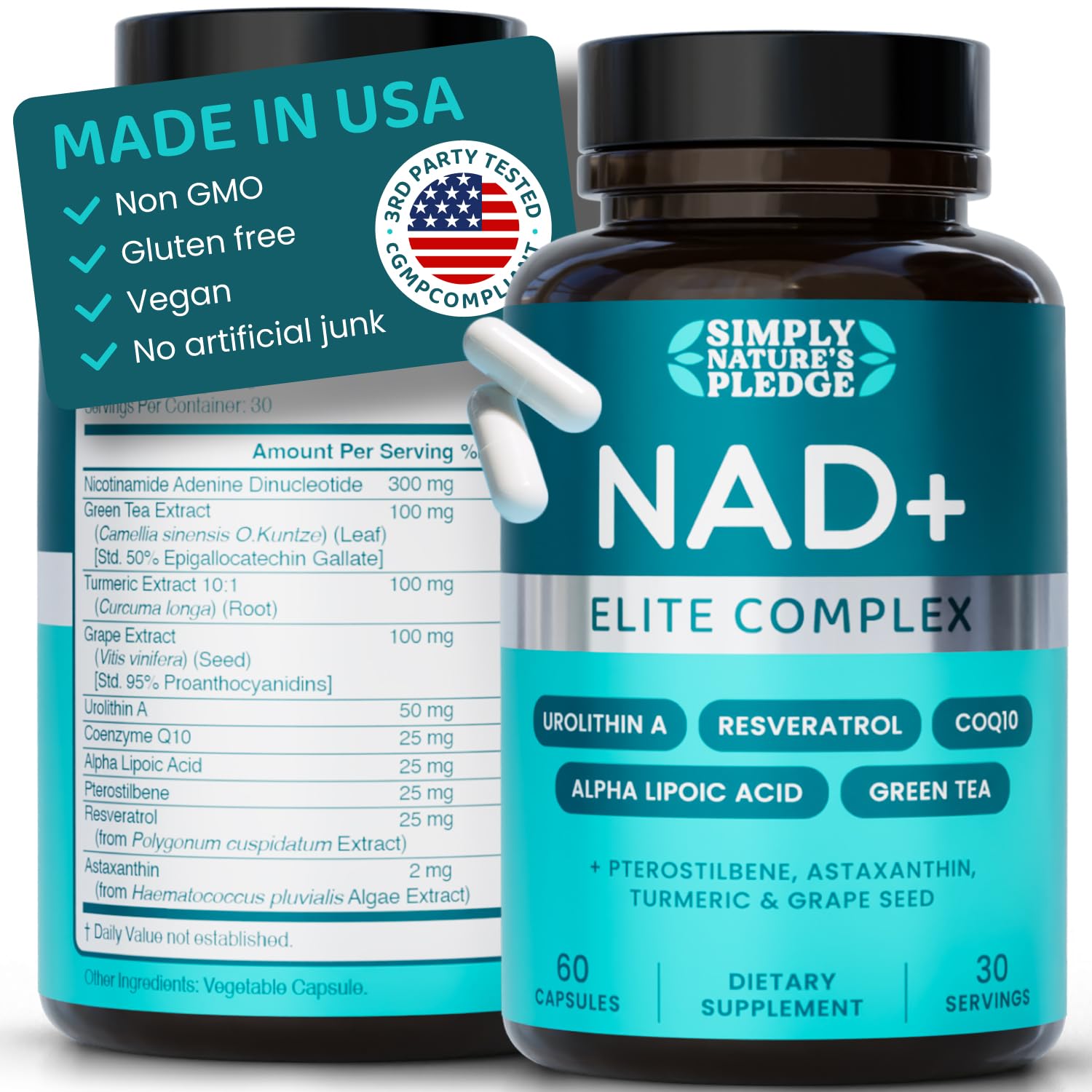 Simply Nature's Pledge NAD+ Elite Complex Direct NAD+ 300 mg with Urolithin A, Resveratrol, CoQ10 & Antioxidant Blend – Cellular Energy, Mitochondrial Support & Healthy Aging, 60 Capsules
