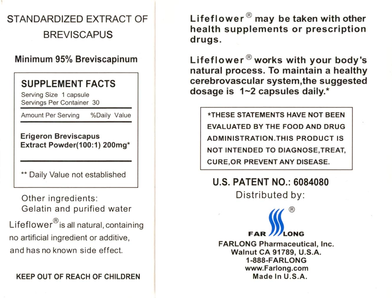 FAR LONG Lifeflower 100% All Natural Youthful Brain Herbal Supplement, Support Cerebrovascular System, Improve Memory, 30 Capsules