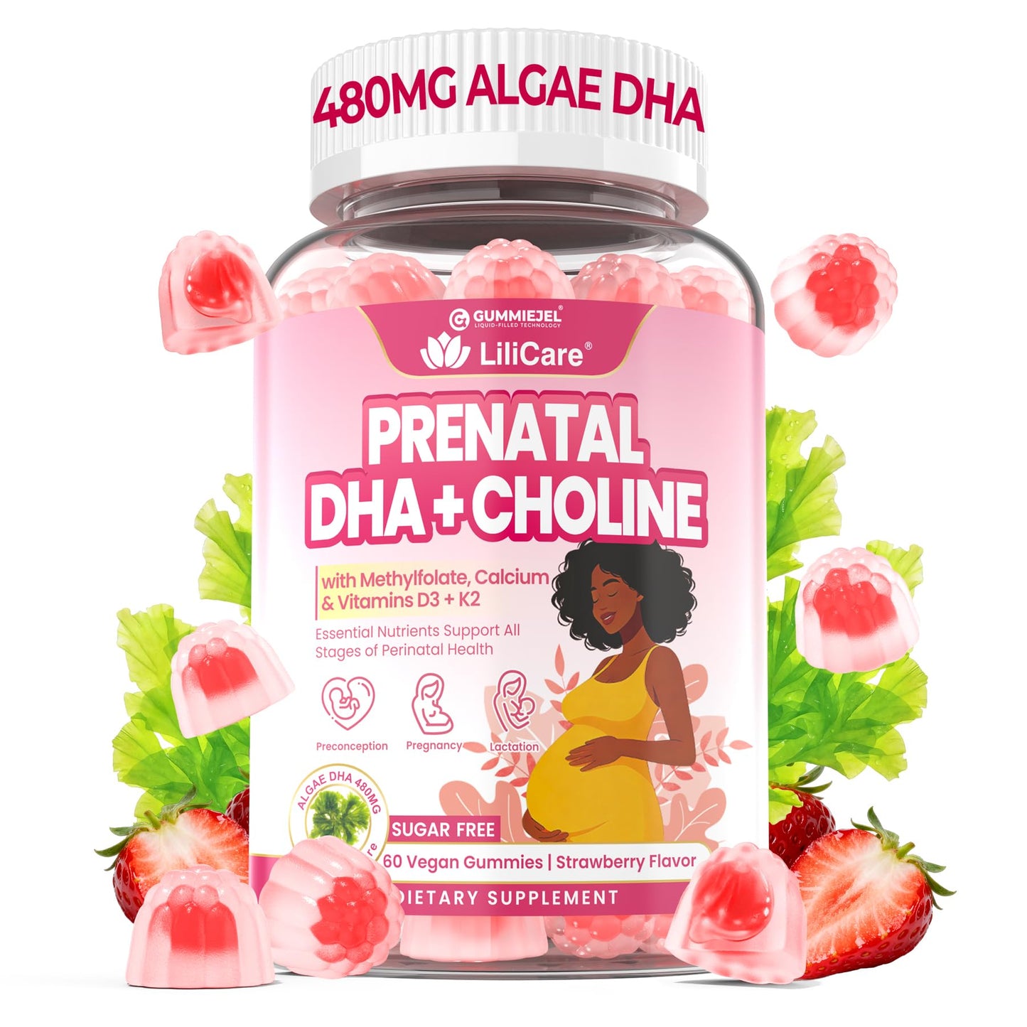 LILICARE Prenatal Vitamins for Women DHA + Choline Gummies with Methylfolate, Algal Omega-3 & Algae Calcium, 60 Count