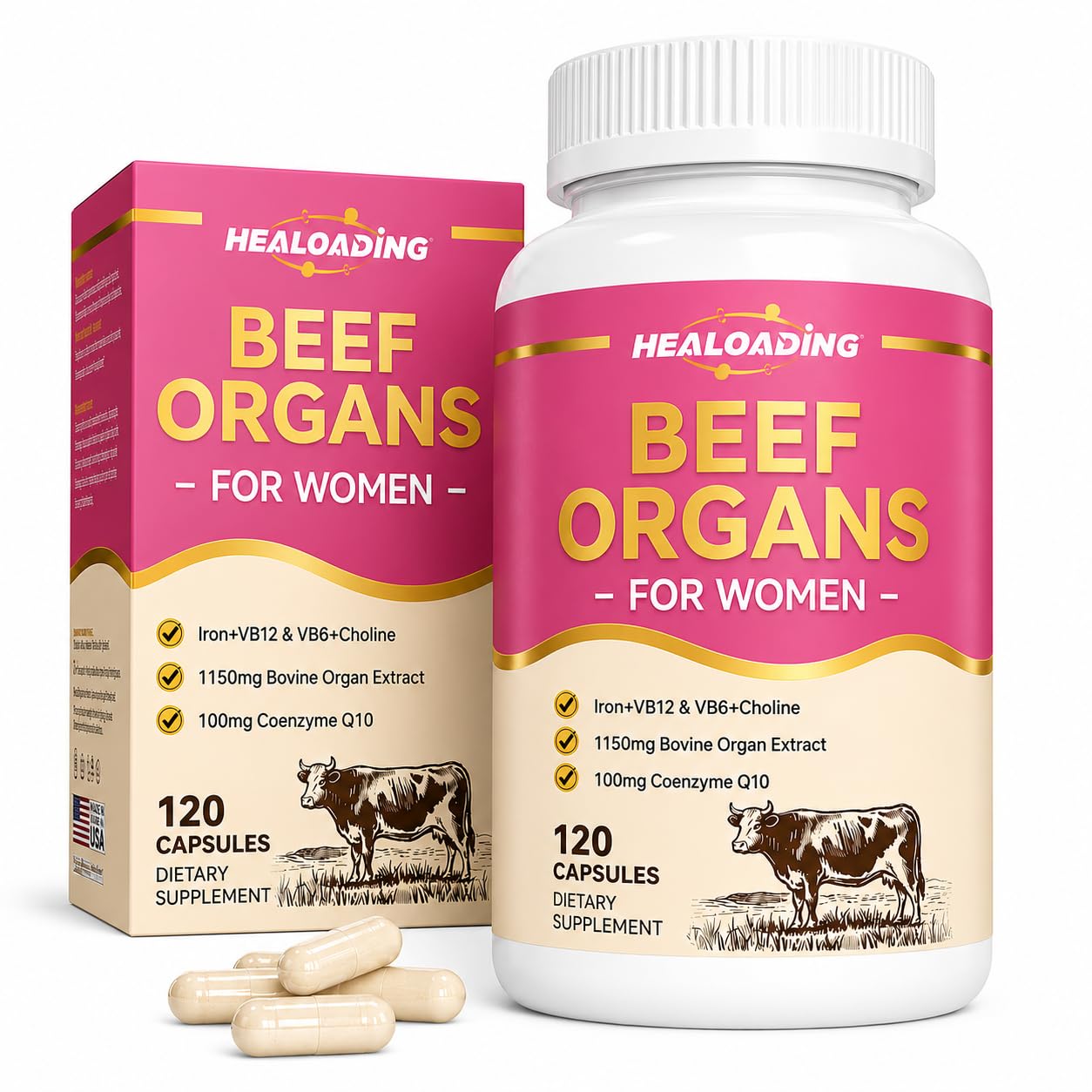 HEALOADING Beef Organ Supplement for Women Grass-Fed 100% Desiccated & Non-Defatted Liver, Heart, Kidney, Spleen, Pancreas Capsules, 120 Count