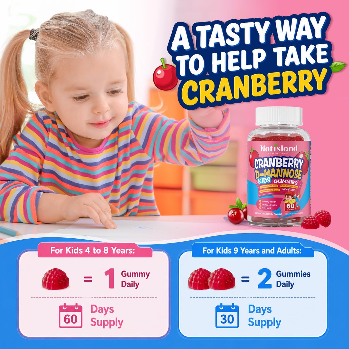 NATISLAND Cranberry & D-Mannose Gummies for Kids 4+ 60 Count