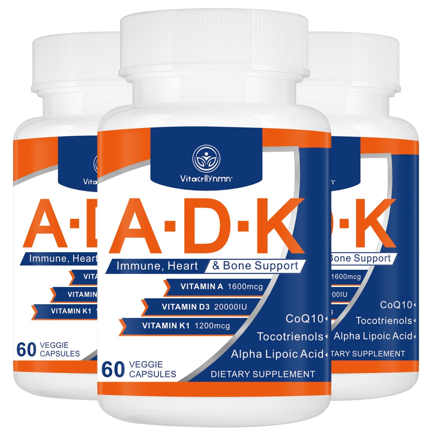 VITACRLLYNMN ADK Vitamin Supplement 20000 IU A, D3 & K1 High Potency, Heart, Bone Health and Immune Support, 60 Capsules