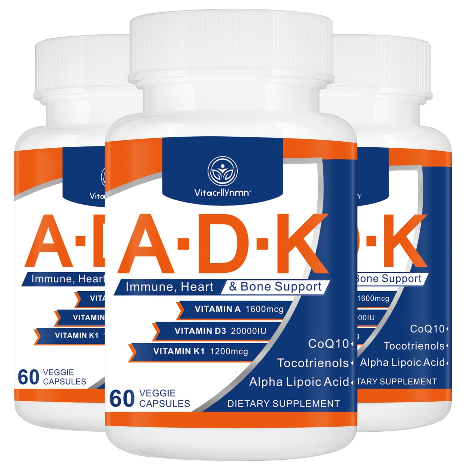 VITACRLLYNMN ADK Vitamin Supplement 20000 IU A, D3 & K1 High Potency, Heart, Bone Health and Immune Support, 60 Capsules