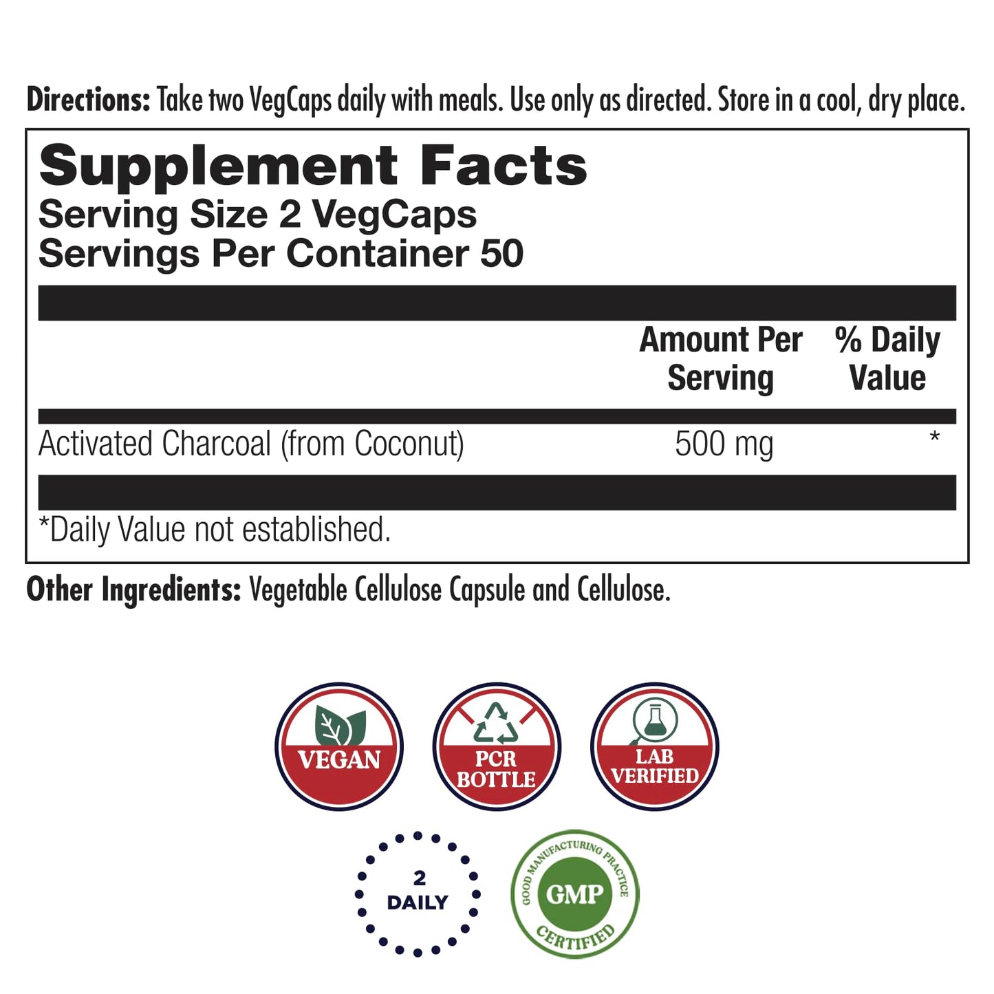 KAL Activated Coconut Shell Charcoal 280mg Capsule, 100 Count