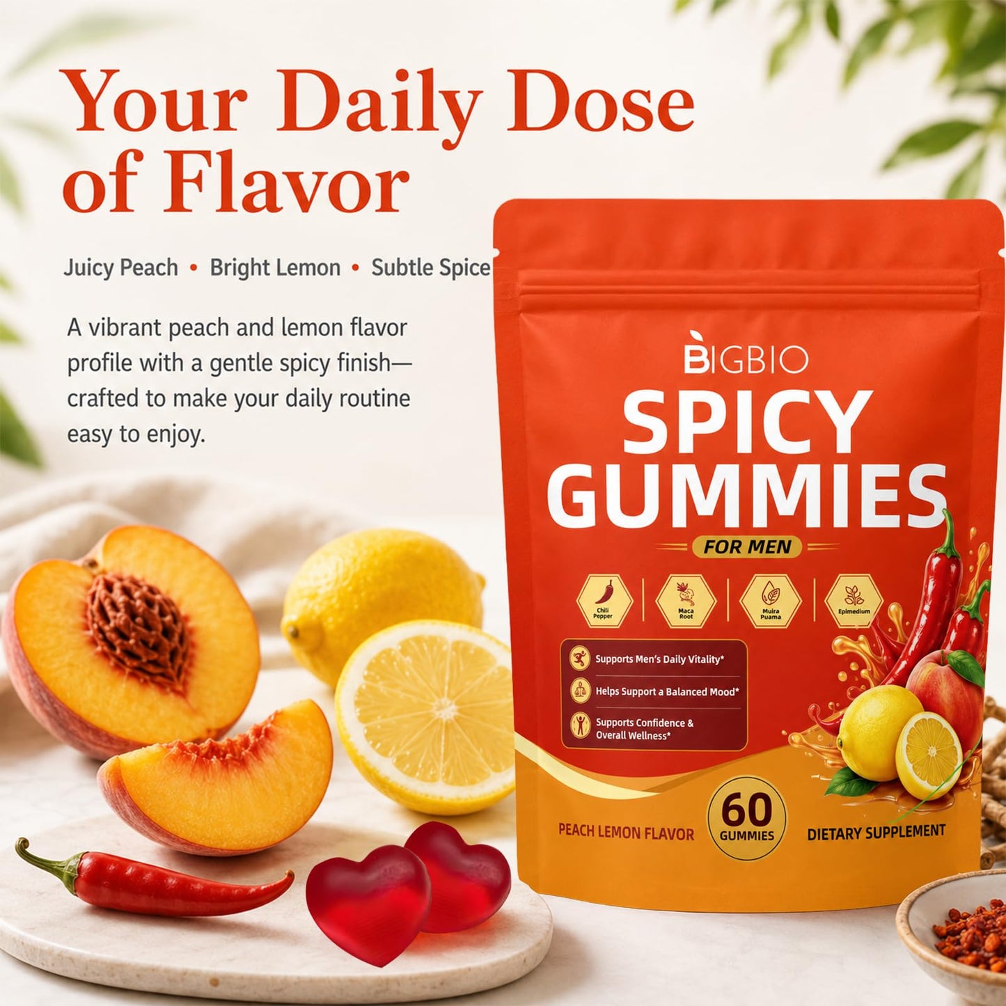 BIGBIO Spicy Gummies Cubes, Adults Hot Peach Gummy with Chili Pepper, Muira Puama, Maca Root and Epimedium, Plant-Based Daily Wellness Support, Vegan, Non-GMO, 60 Gummies