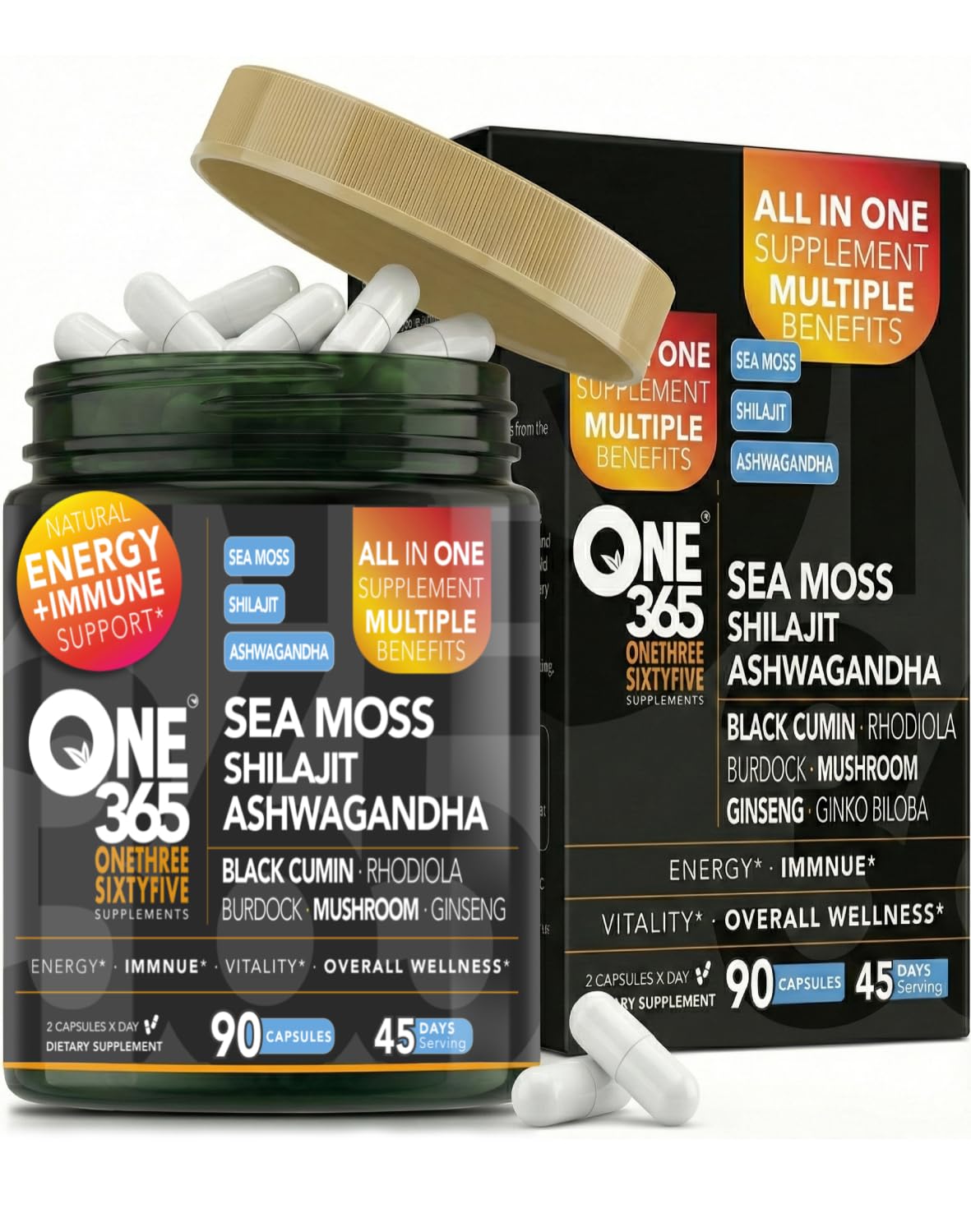 ONE 365 Sea Moss Shilajit Ashwagandha Energy Herbal Complex Supplement Capsule 90 Count
