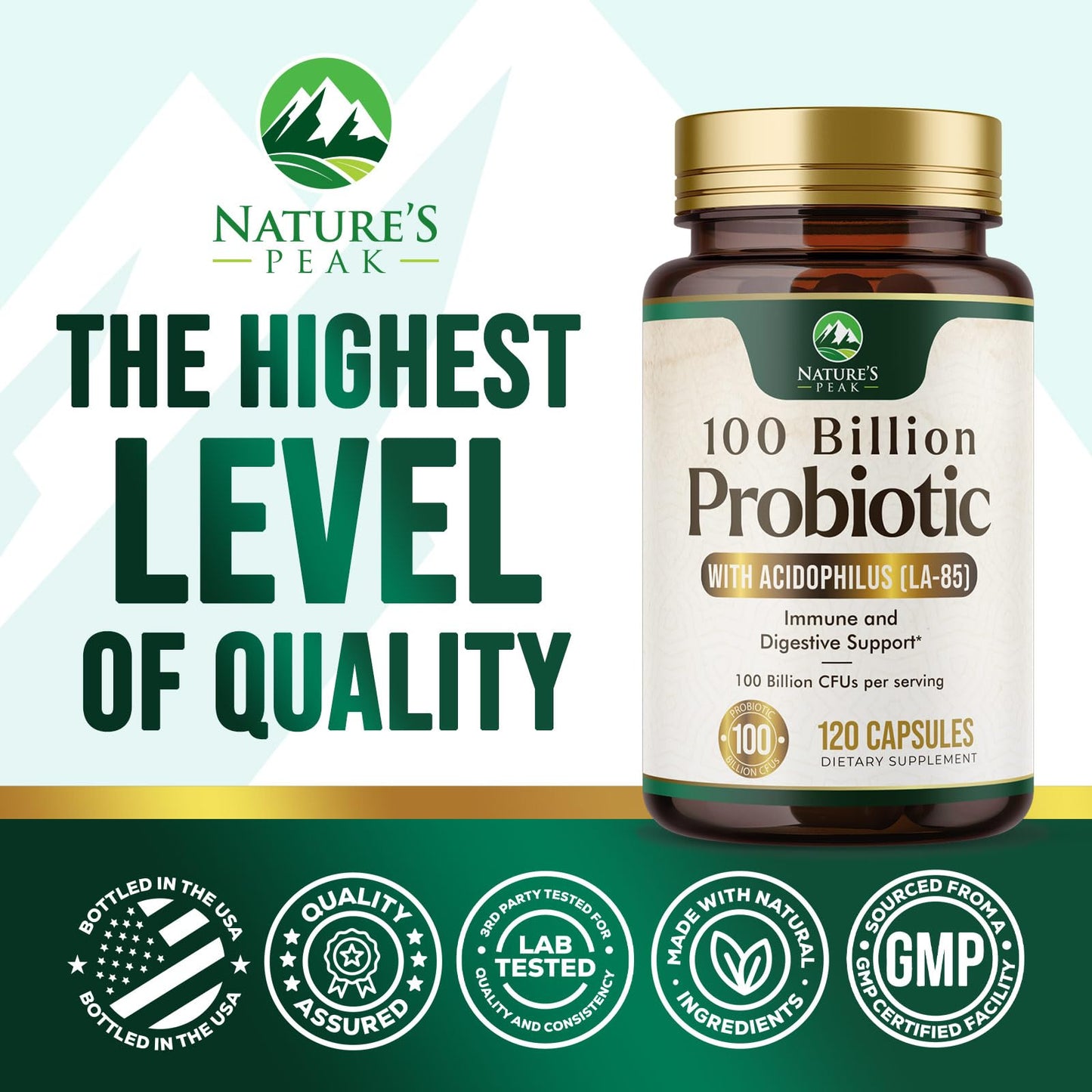 Nature's Peak Probiotics 100 Billion CFU Per Serving - 10 Premium Strains and Prebiotics Capsules, 120 Count