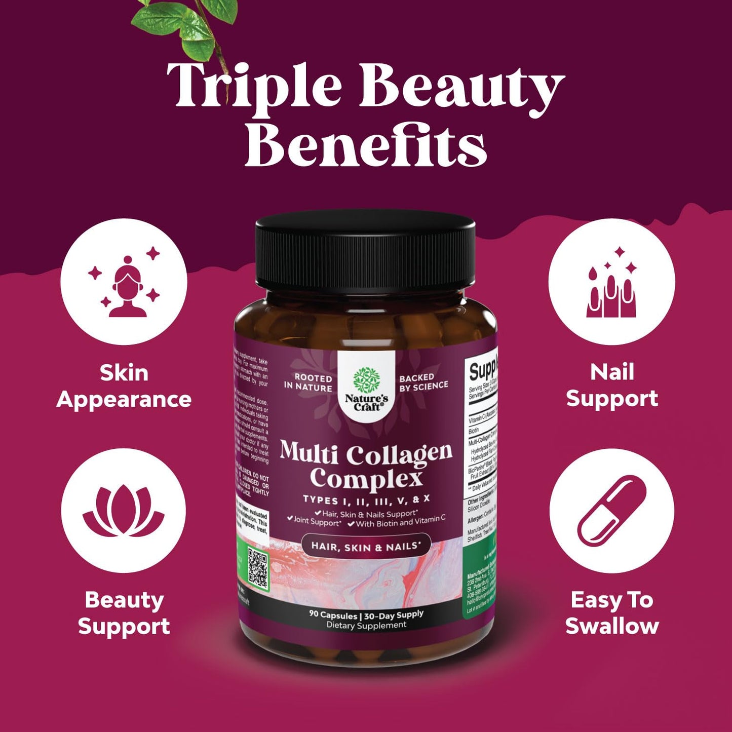 Natures Craft Advanced Multi Collagen Complex Ageless Multi Collagen Peptides with Type 1 2 3 5 & X & Biotin for Hair, Skin and Nails Capsule 90 Count