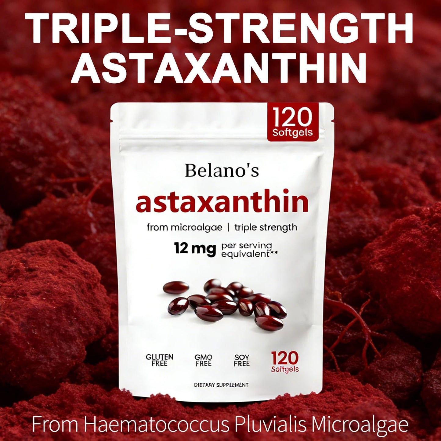 Belano's Astaxanthin 12mg Softgels, Premium Astaxanthin Antioxidant Supplement, 120 Softgels