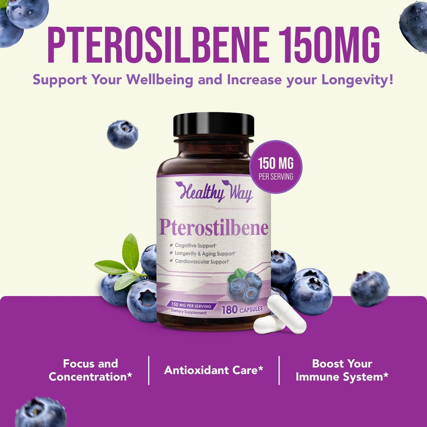 HealthyWayRx Pterostilbene Supplement 150mg Capsule, 180 Count