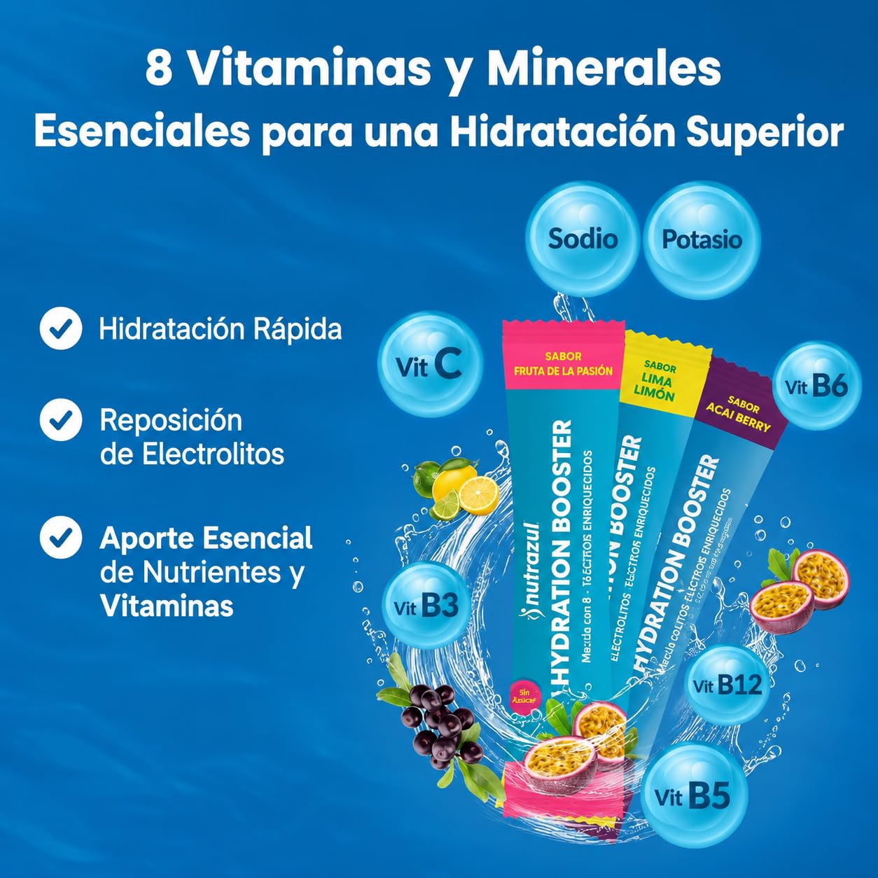 Nutrazul Hydration Booster Electrolytes Powder Sticks, Lemon Lime Flavor, 90 Sticks
