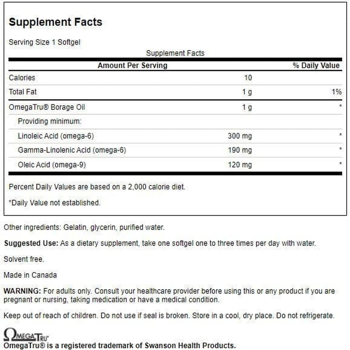 Swanson Borage Oil GLA Omegatru 1000 mg Softgels, 60 Count