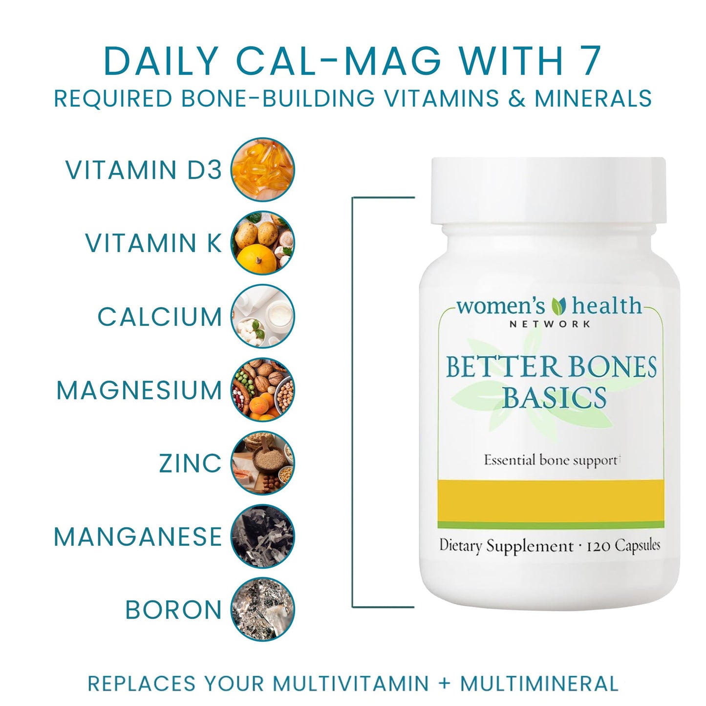 Women's Health Network Better Bones Basics Calcium Supplement with Vitamin D3, K2, Magnesium, Zinc, Boron, Manganese, 1 Capsule