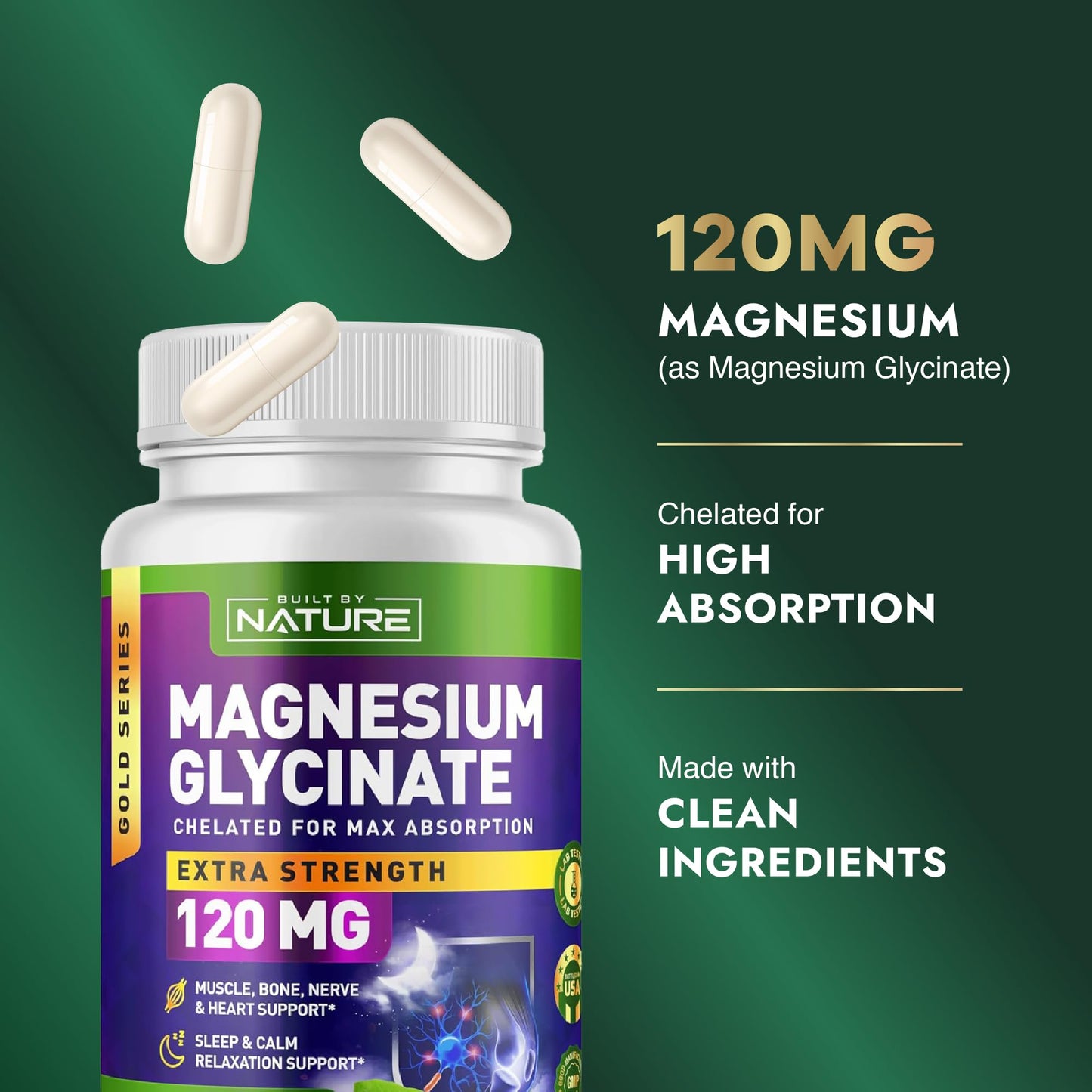Built By Nature Magnesium Glycinate Chelated for High Absorption Capsules, 90 Capsules