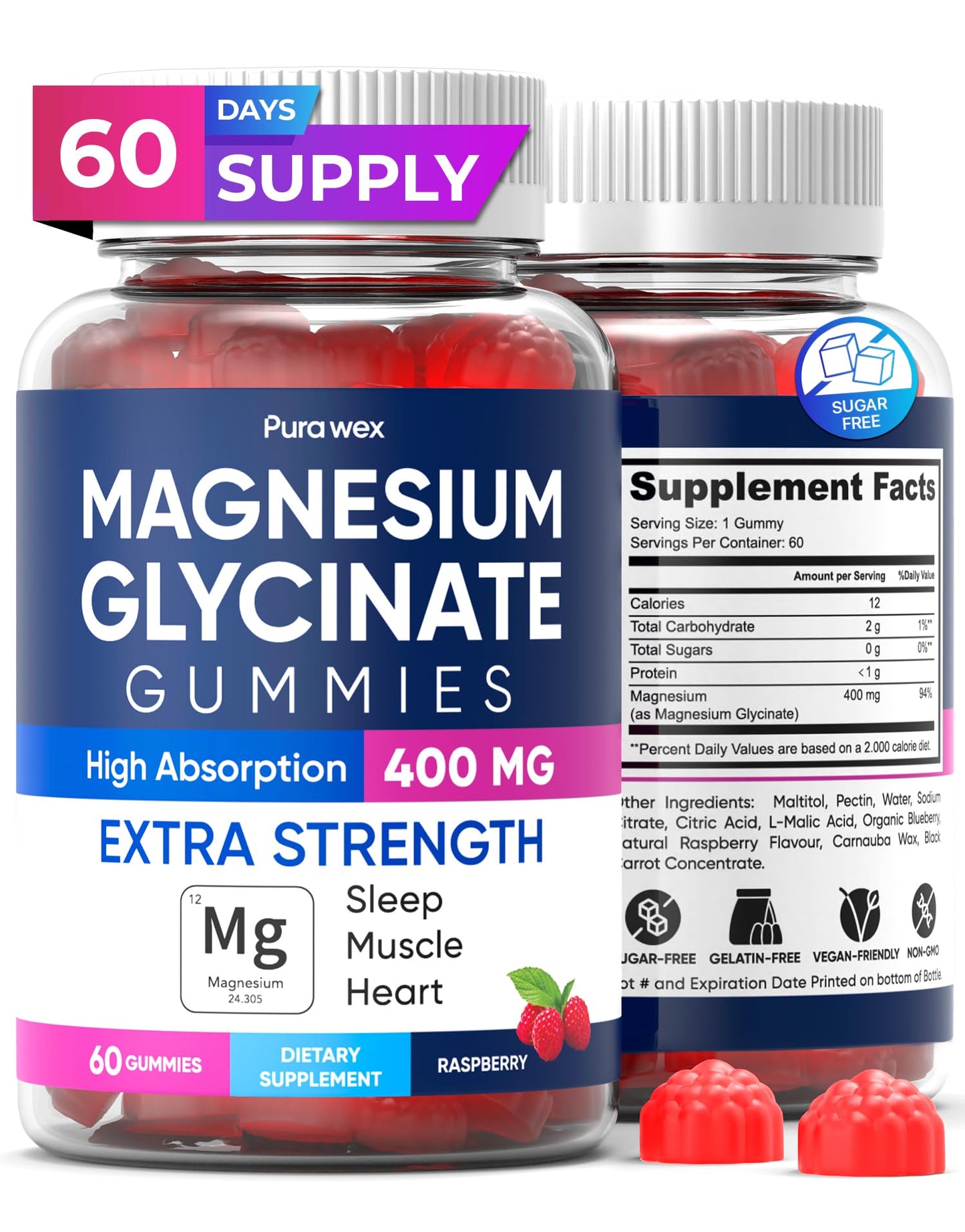 PURA WEX NUTRITION Magnesium Glycinate Gummies 400mg, High Absorption Magnesium Supplement for Women, Men and Kids, 60 Gummies