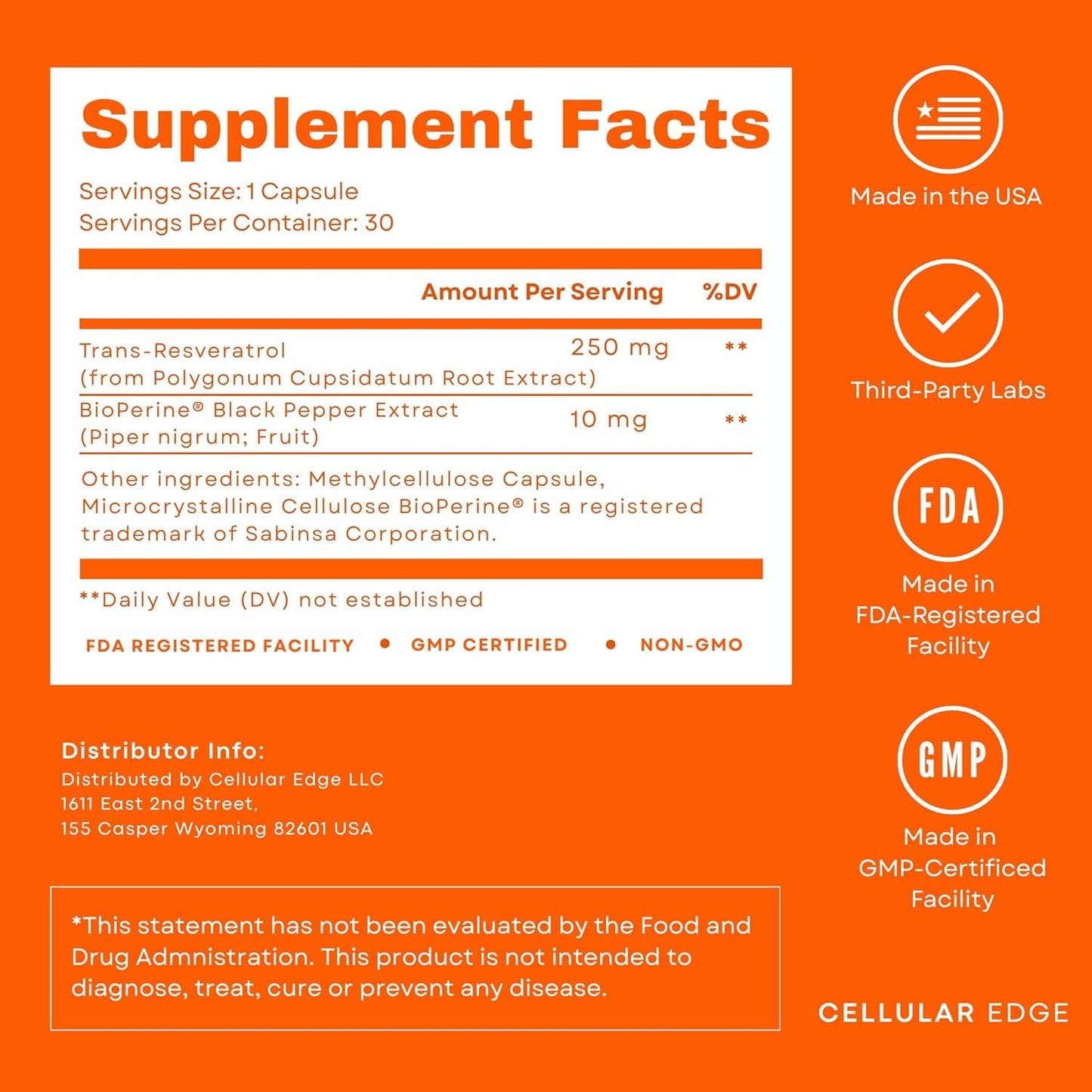 CELLULAR EDGE Trans-Resveratrol 250mg Capsule, 30 Capsules