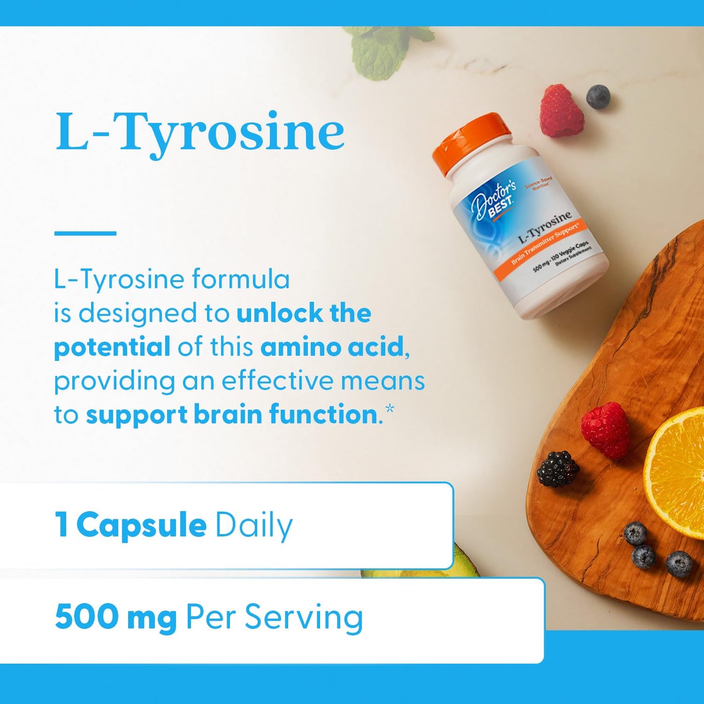 Doctor's BEST L-Tyrosine 500mg Capsules, Brain Support, 120 Veg Caps