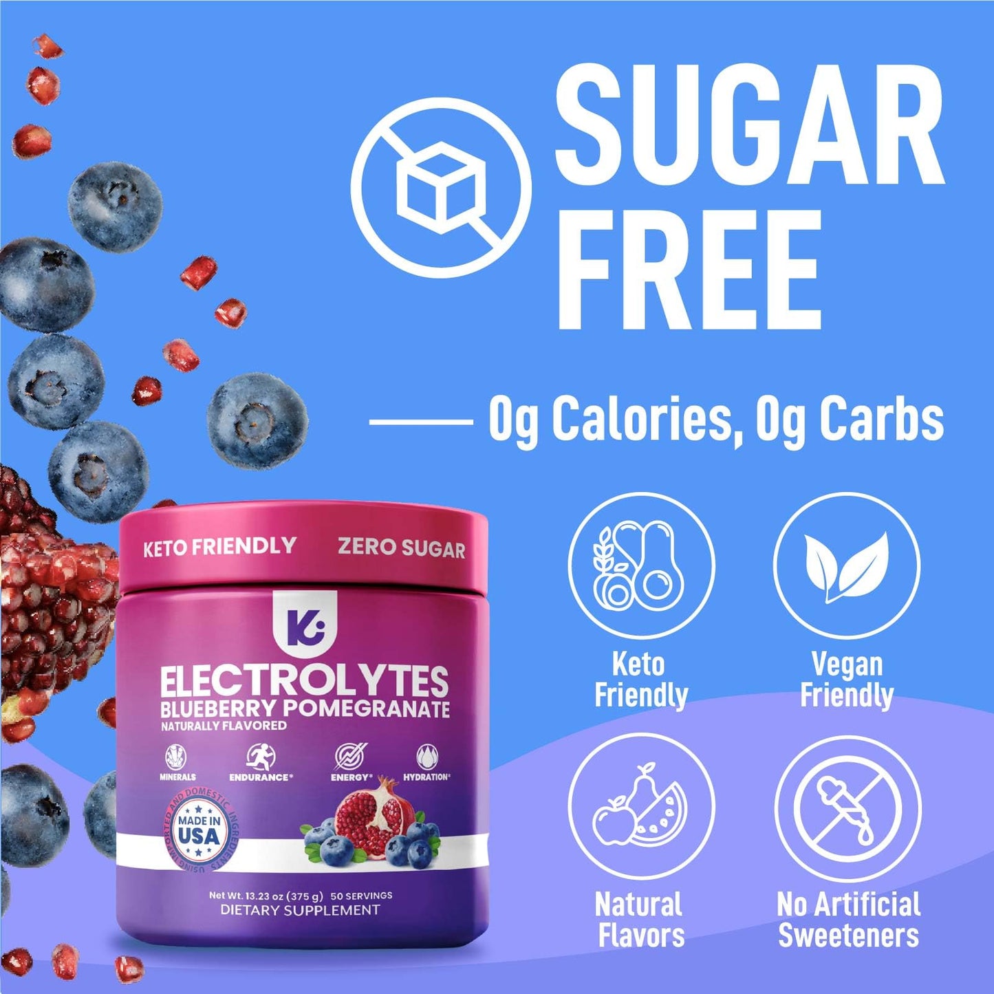Keppi Electrolytes Powder Blueberry Pomegranate Flavor, 50 Servings, Tub