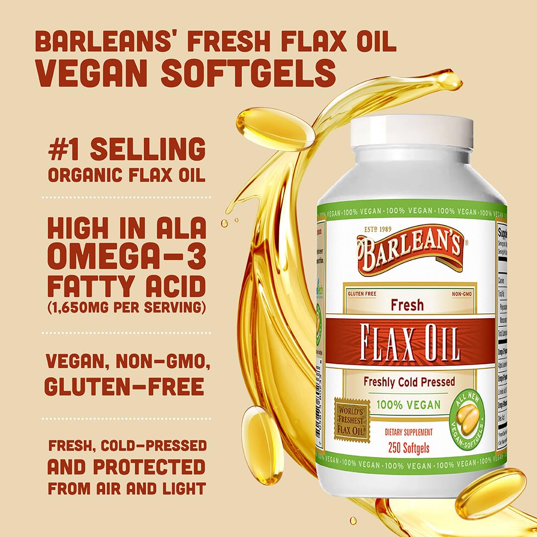 Barlean's Vegan Cold-Pressed Flaxseed Oil Supplements Softgels, 1650 mg ALA Fatty Acids, 250 Count