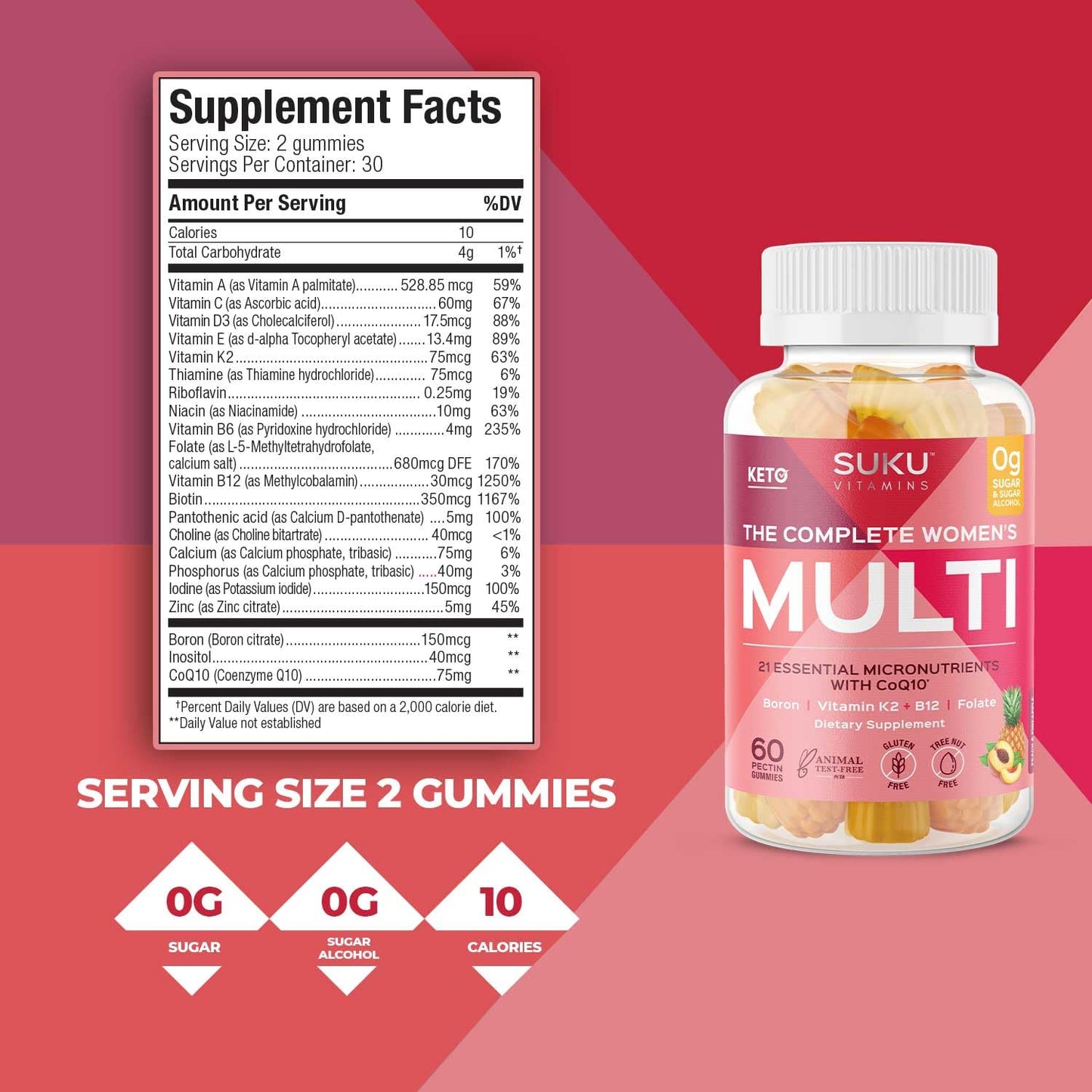SUKU Complete Women's Multi Gummy Vitamins with Boron, Vitamin K2, B12, A and More - Pineapple & Peach Flavor, Non-GMO, Gluten Free, Sugar Free, 60 Count