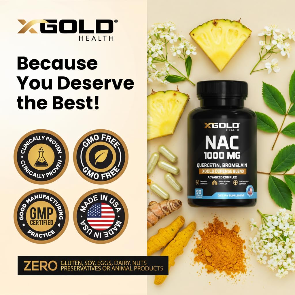 X Gold Health NAC 1000 mg with Quercetin 95%, Bromelain, Zinc, Vitamin C, D3 & K2 Immune Support & Antioxidant Supplement Advanced Defense Blend Capsules, 120 Count