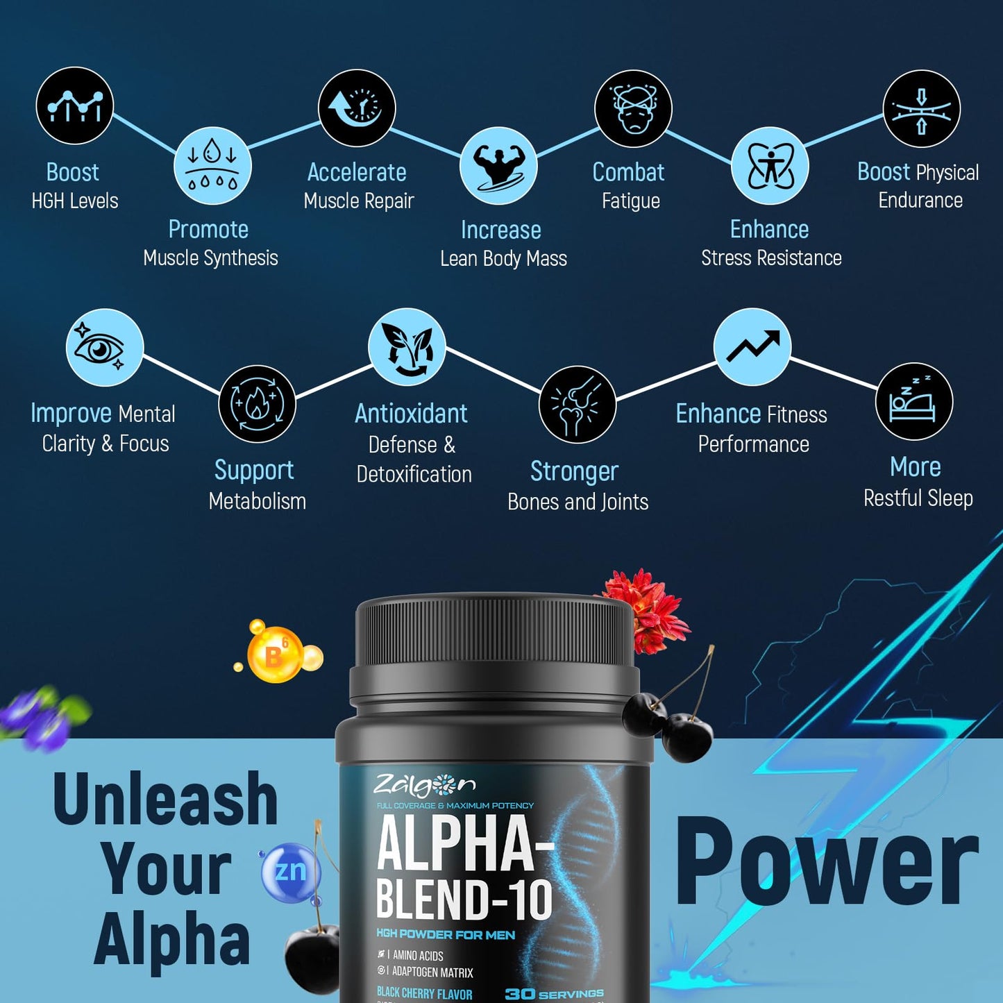 Zalgon HGH Supplements for Men, Testosterone Booster, Belly Fat Burner & Muscle Builder Powder, Black Cherry Flavor, 300 g (30 Servings)