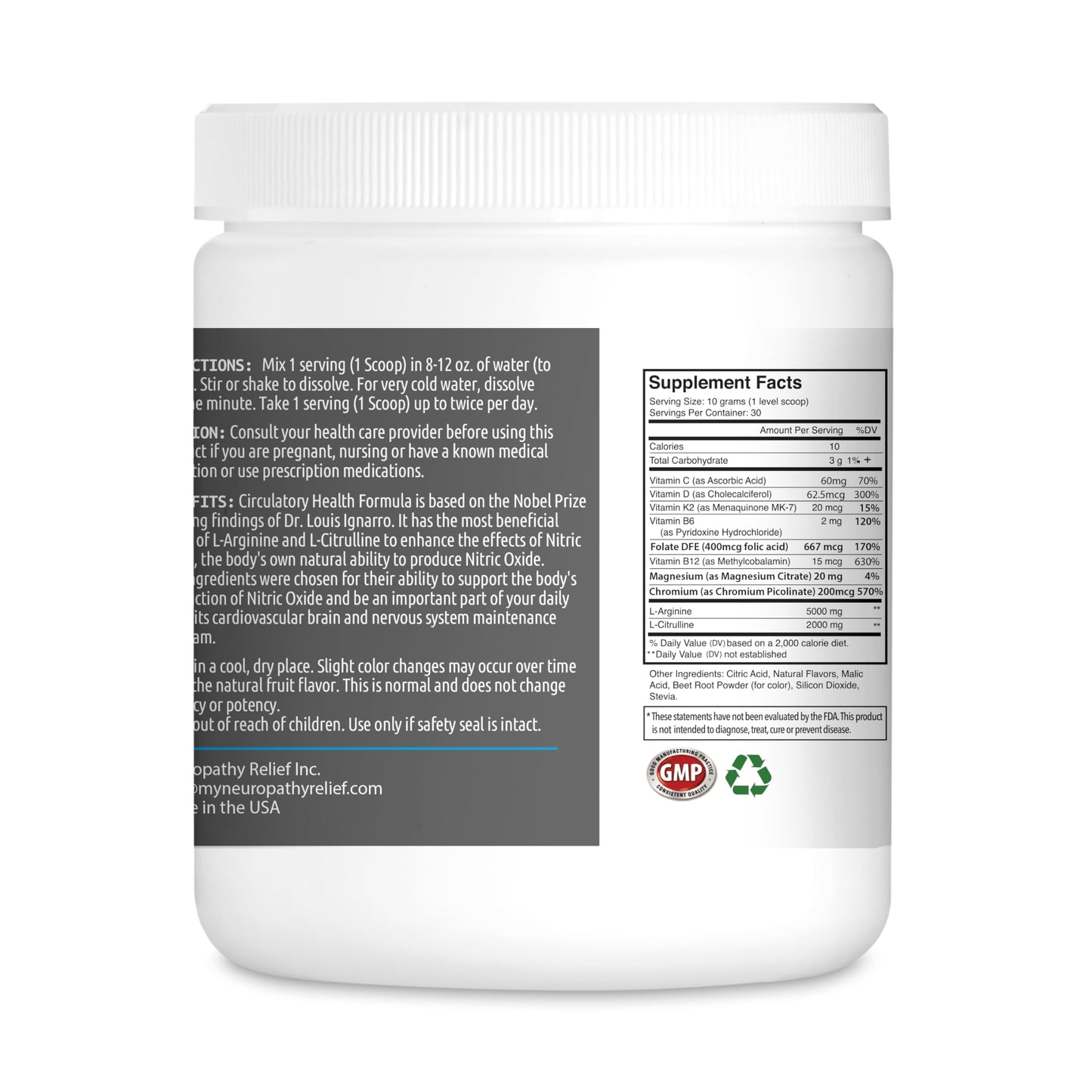 Neuropathy Relief Circulatory Health Formula Nitric Oxide Booster Tropical L-Arginine L-Citrulline Powder 11.6 Ounces