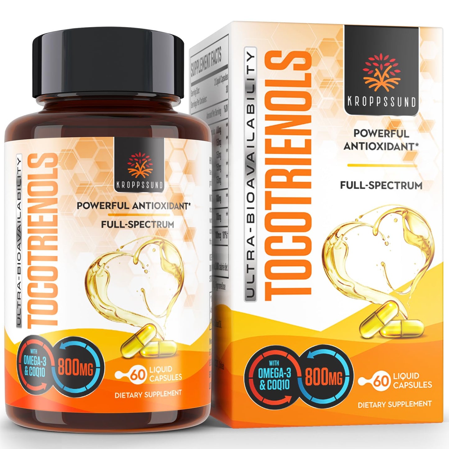 Kroppssund Tocotrienols 800mg Supplement with Vitamin E Tocotrienols, CoQ10 & Omega 3-6-9, Cellular Energy 60 Softgel Capsules
