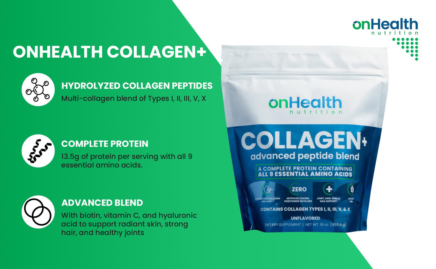 onHealth Nutrition Multi Collagen Peptide Powder (Types I, II, III, V & X) with All 9 Essential Amino Acids, Biotin, Hyaluronic Acid & Vitamin C, Unflavored, 16 oz