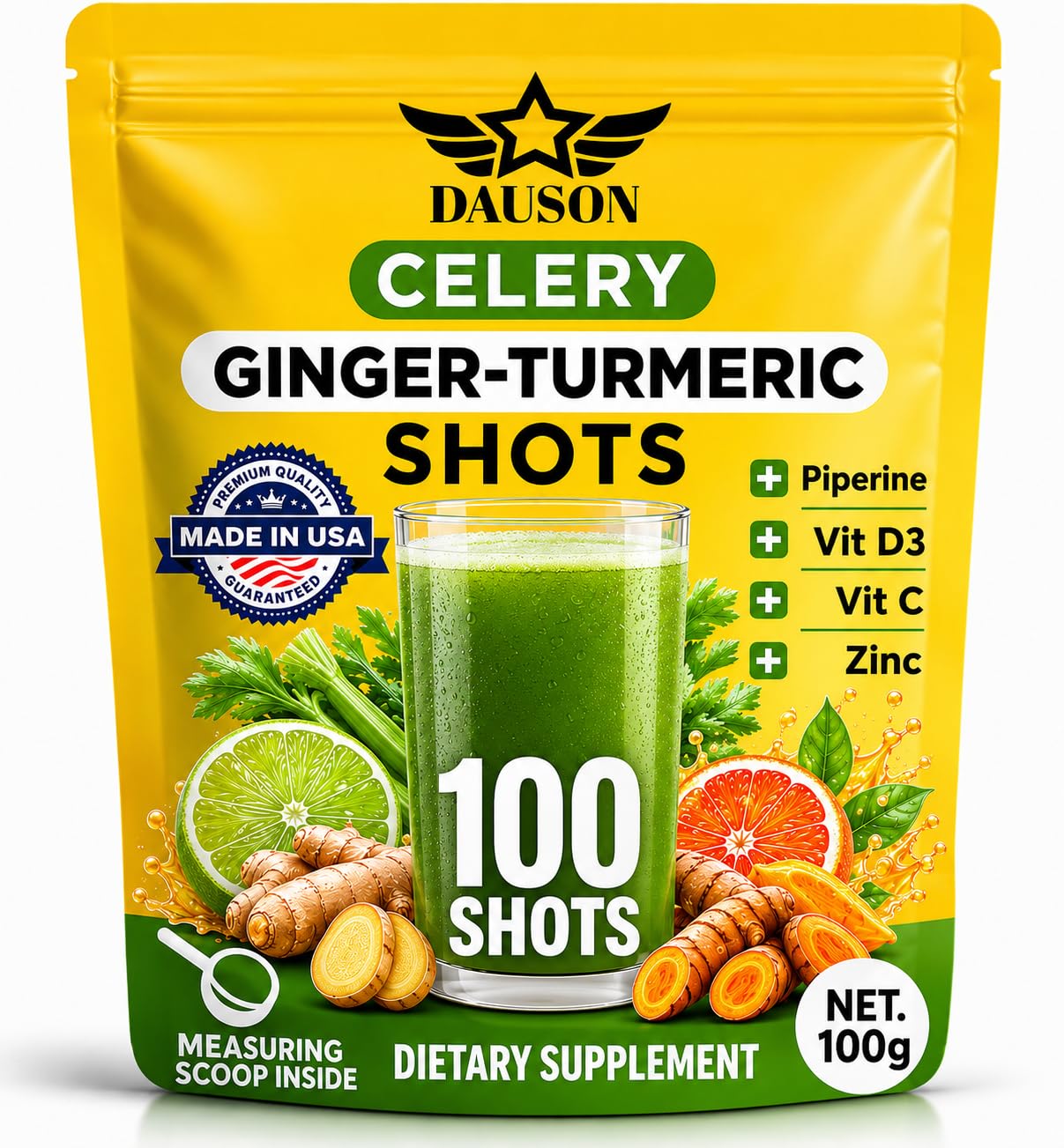 DAUSON Celery Shots Boosted with Ginger, Turmeric, Piperine & Prebiotics Powder, 100 Count