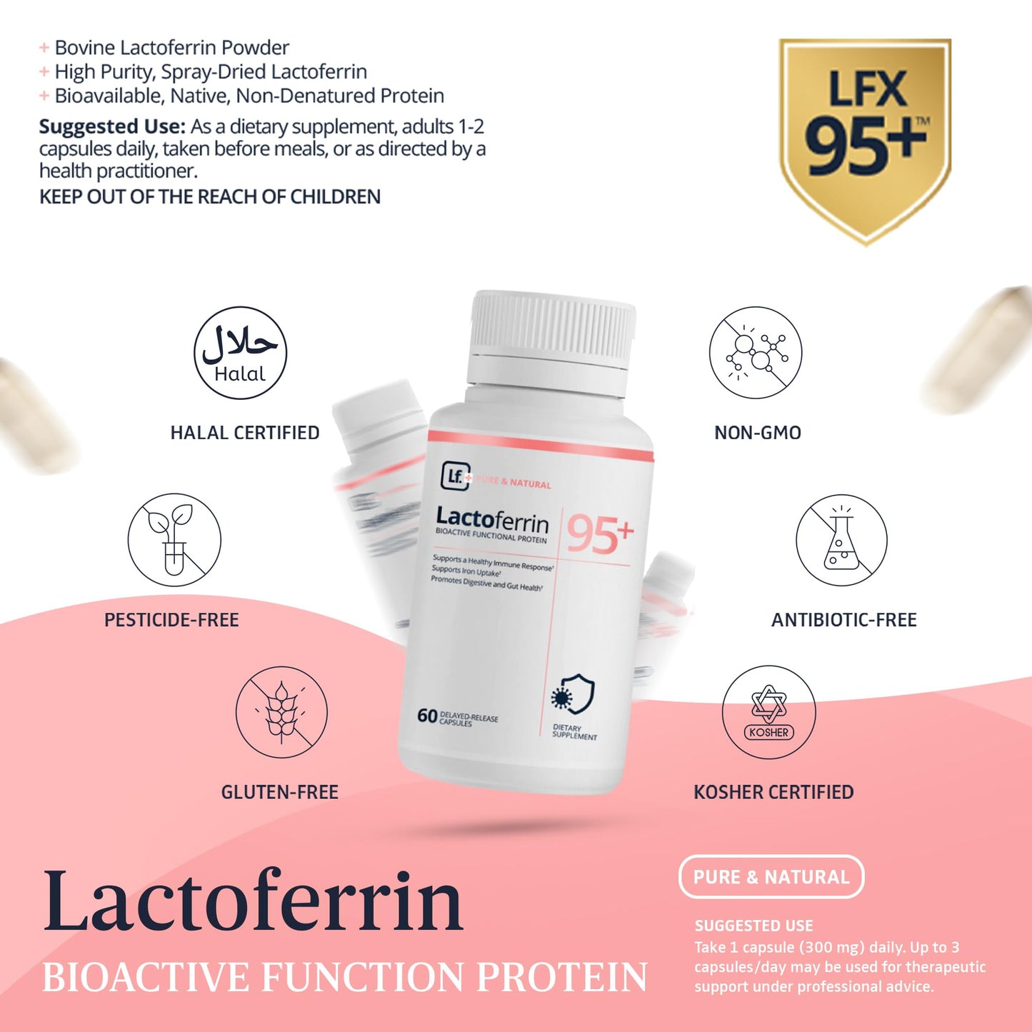 Lactoferrin Lactoferrin Supplement 300mg – 95%+ Pure Bovine Delayed Release Capsules, 60 Count