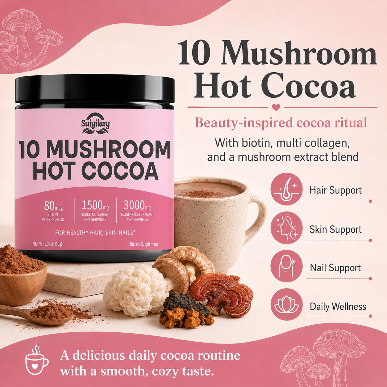 Suiyilary 10 Mushroom Hot Cocoa with Collagen 1500mg & Biotin 80mcg Powder, 5.3 oz